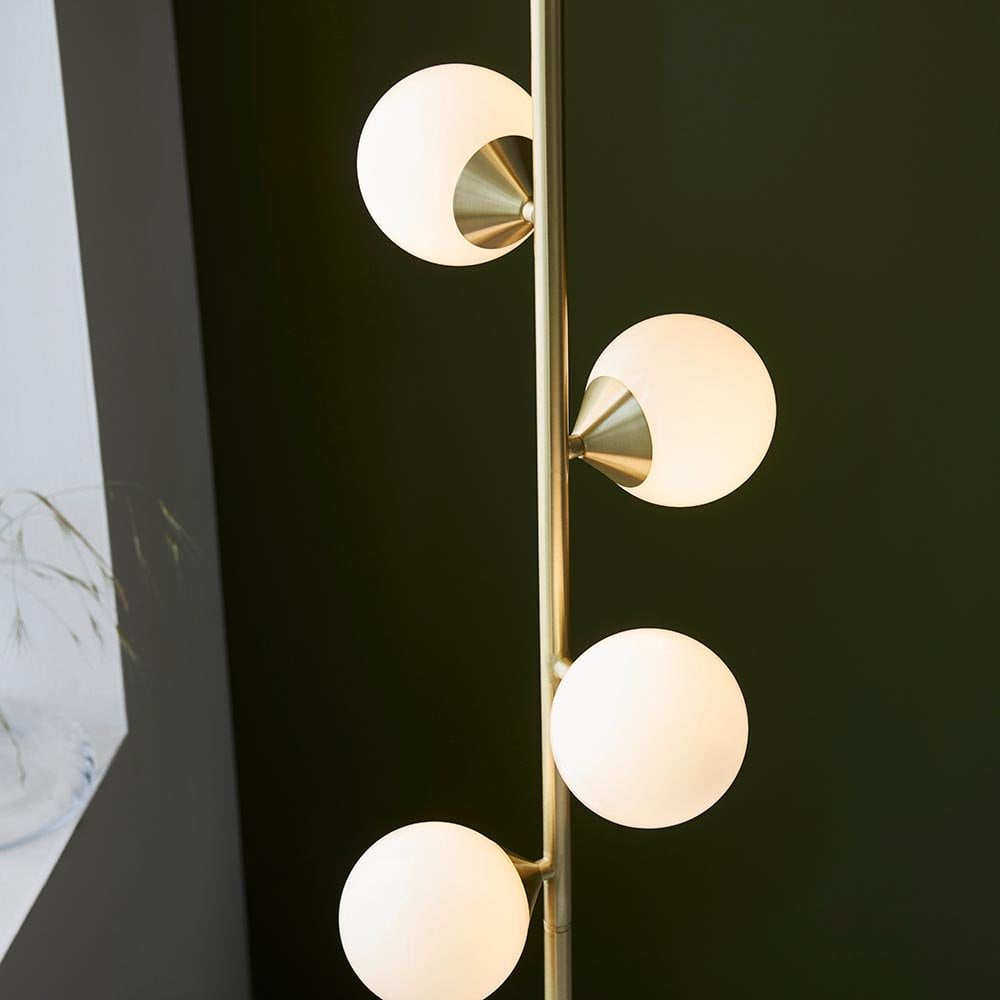 Eve Satin Brass Floor Lamp C/W Gloss White Shades