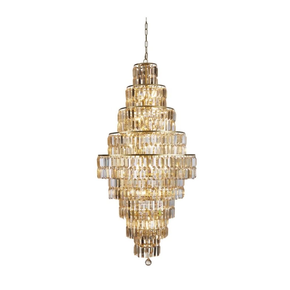 Empire 13 Light Satin Brass Tiered Chandelier Clear Crystal Coffin Drops