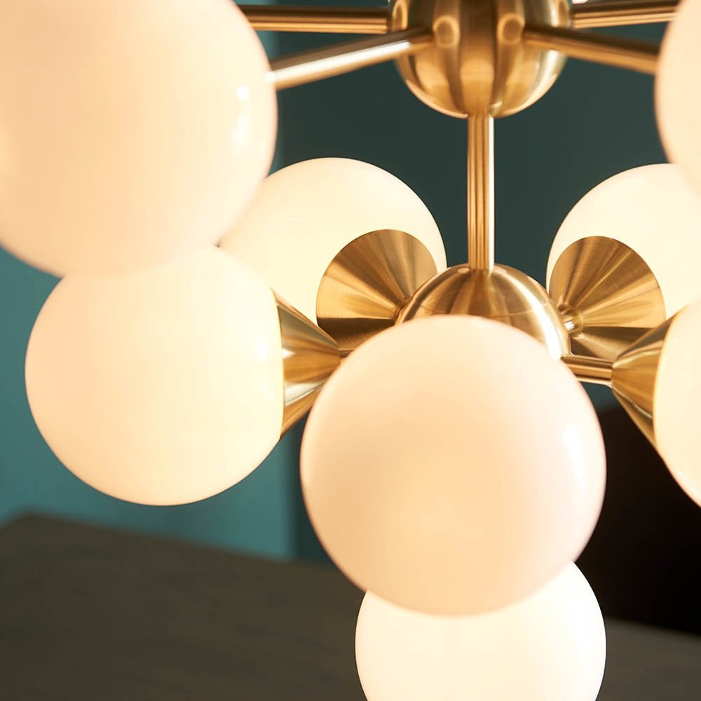 Oscar 11 Light Pendant in Brushed Brass with Gloss White Glass