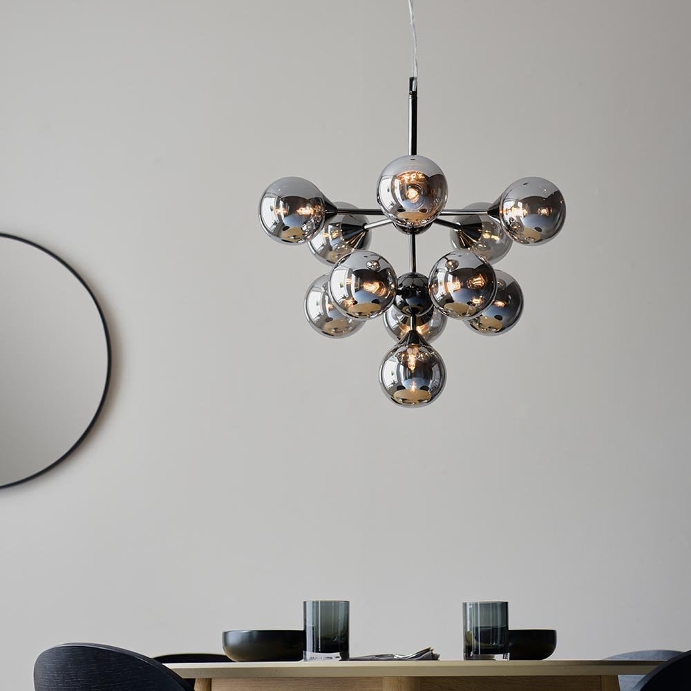 Oscar 11 Light Pendant in Black with Smoked Mirror Shades