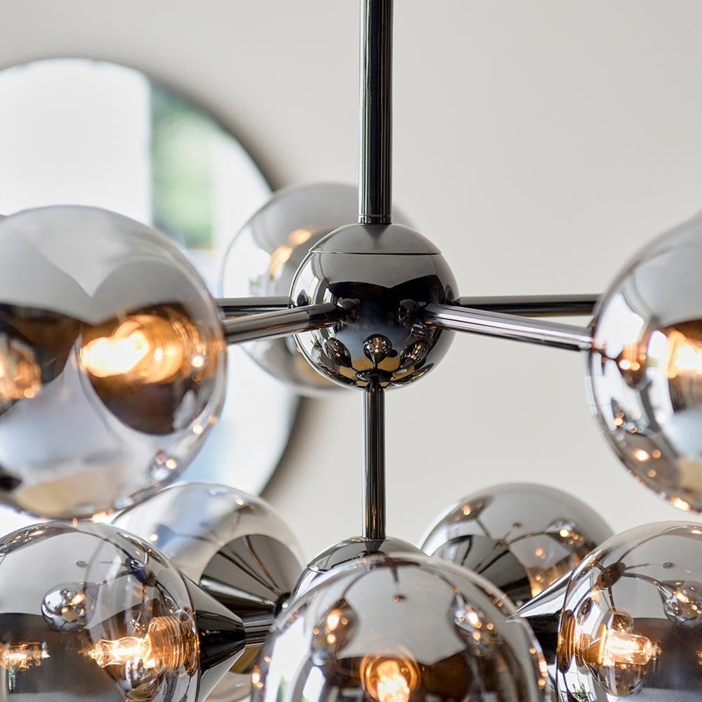 Oscar 11 Light Pendant in Black with Smoked Mirror Shades