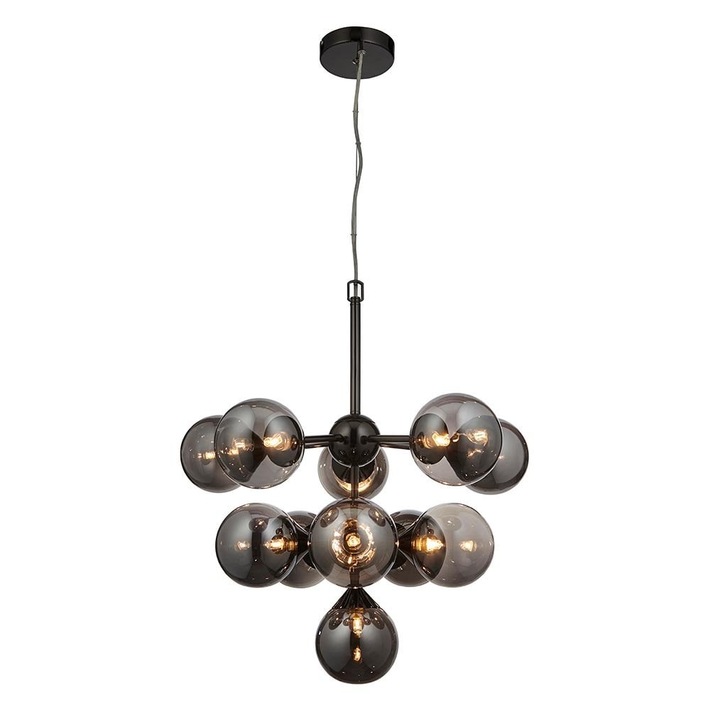 Oscar 11 Light Pendant in Black with Smoked Mirror Shades