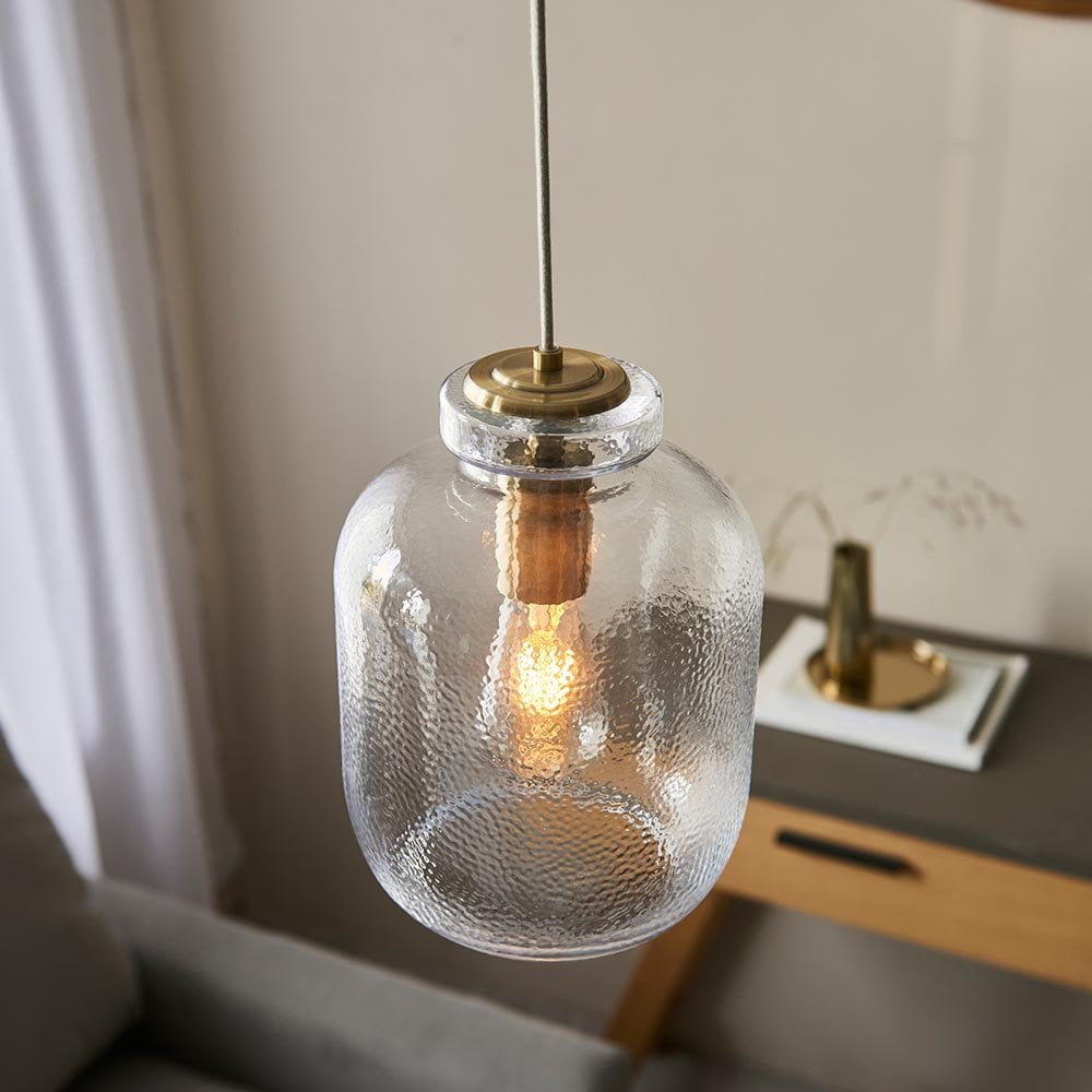 Lyra Single Pendant in Antique Brass & Textured Glass