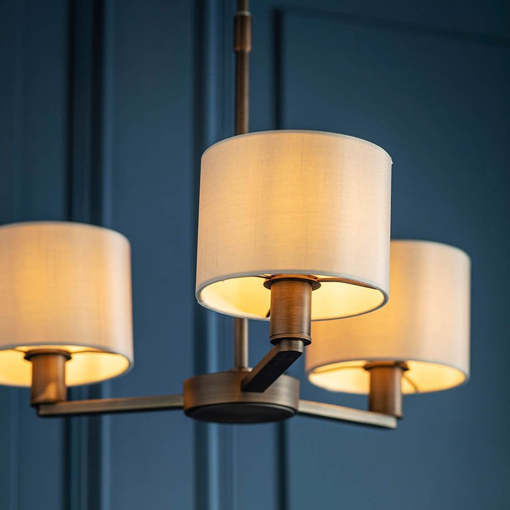 Daley 3 Light Multi Lighti Arm Pendant in Antique Bronze C/W White Shades