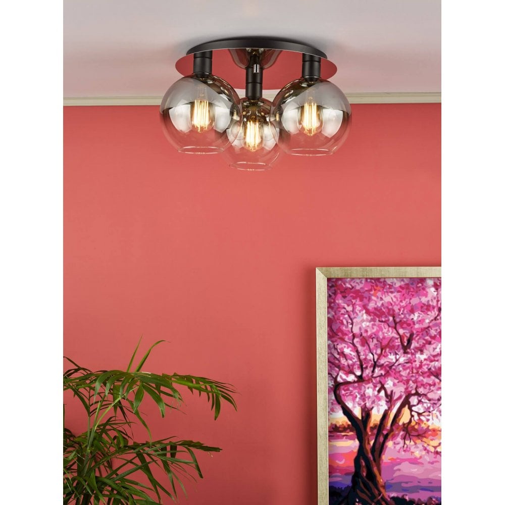 Lycia 3 Light Black Flush Light with Smoked Glass