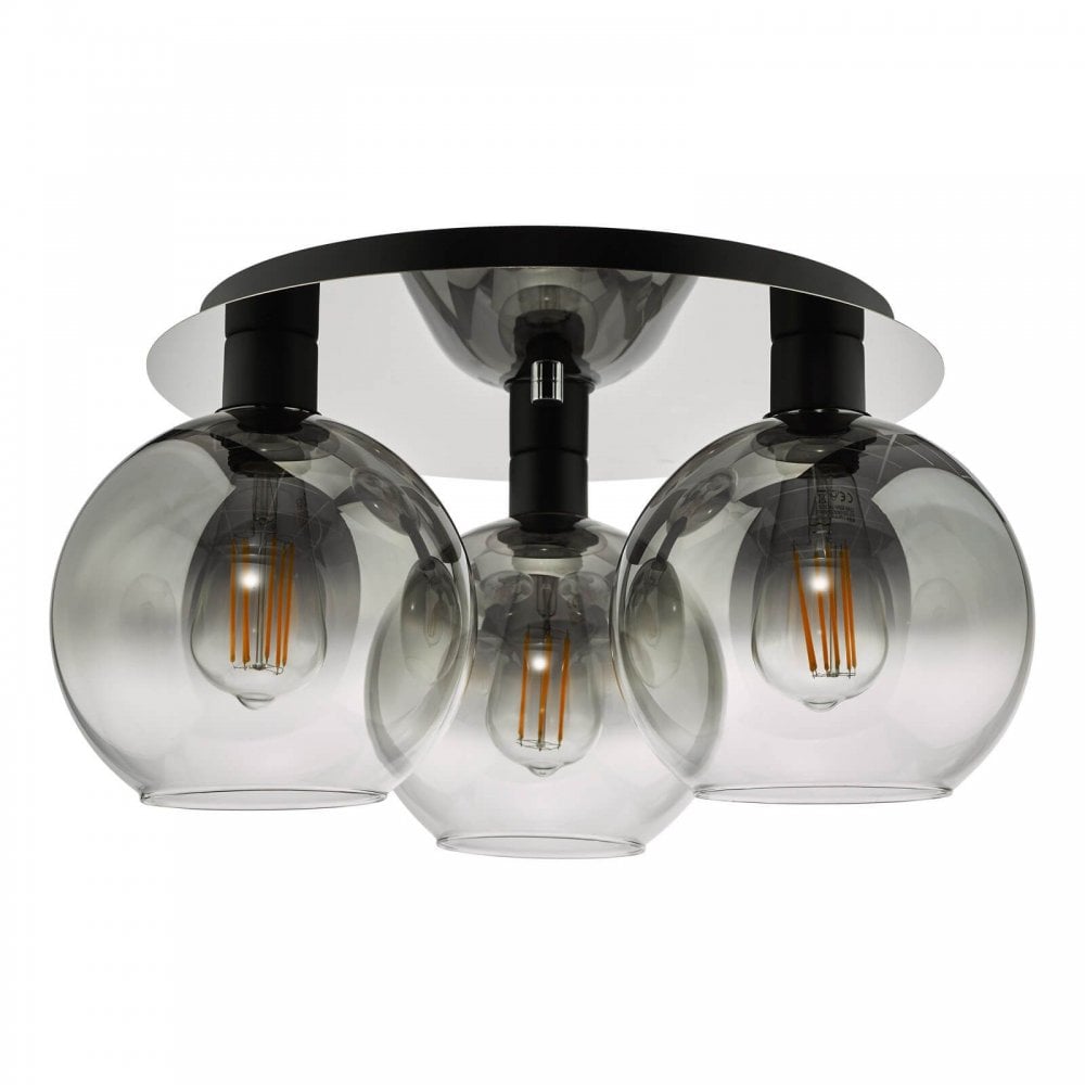 Lycia 3 Light Black Flush Light with Smoked Glass