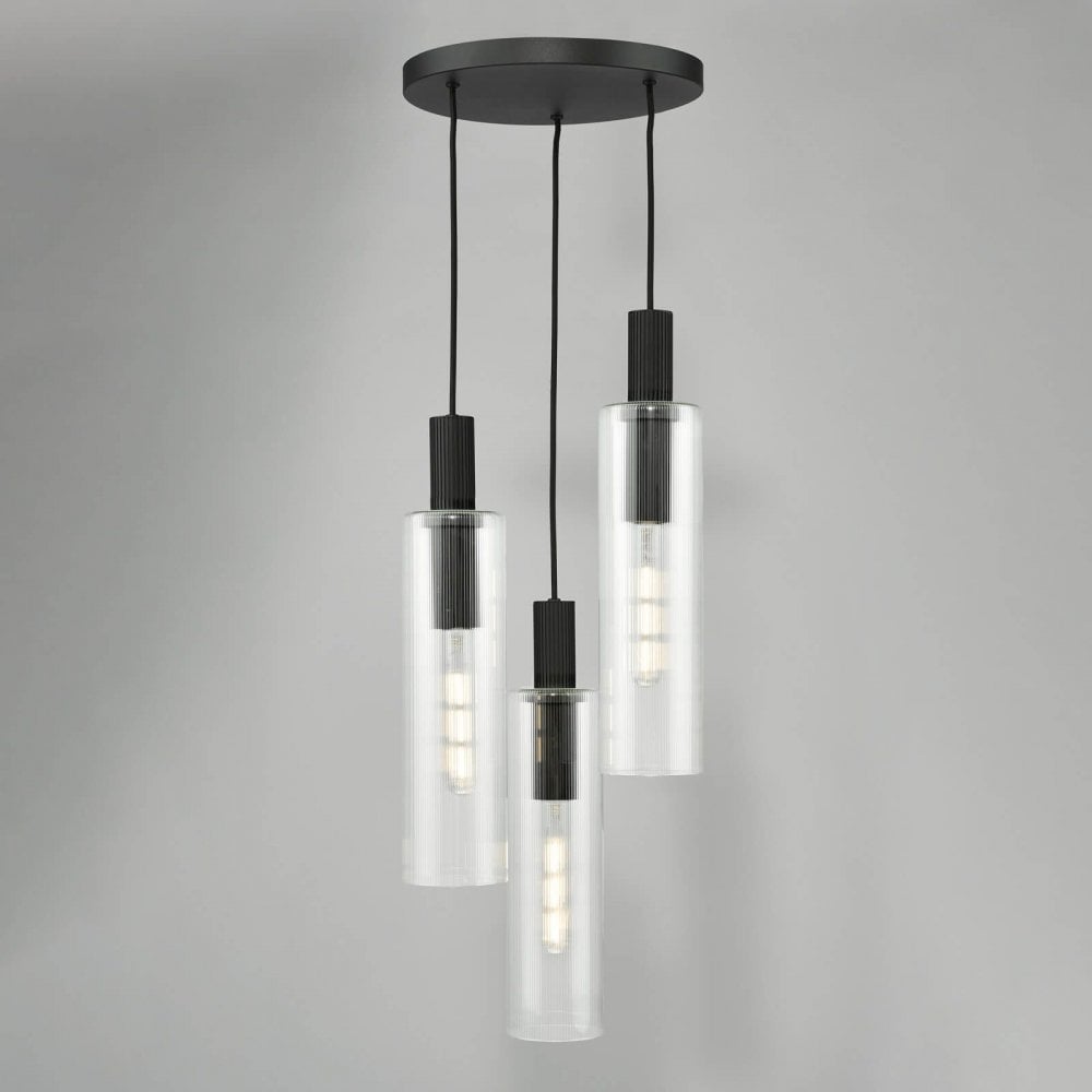 Ruben 3 Light Cluster in Satin Black & Ribbed Glass Pendant