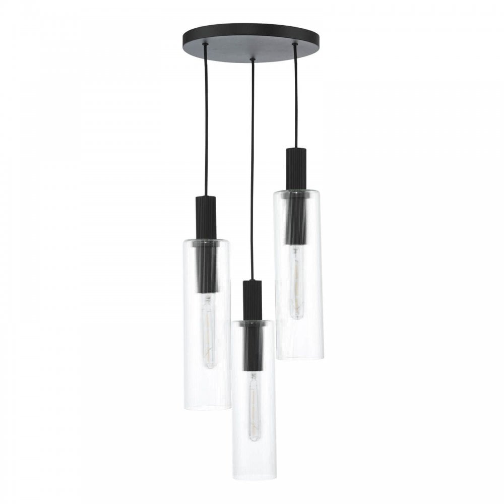 Ruben 3 Light Cluster in Satin Black & Ribbed Glass Pendant