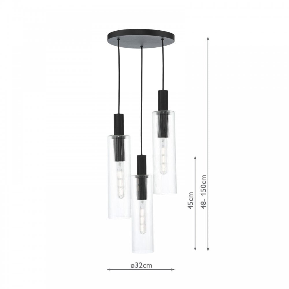Ruben 3 Light Cluster in Satin Black & Ribbed Glass Pendant