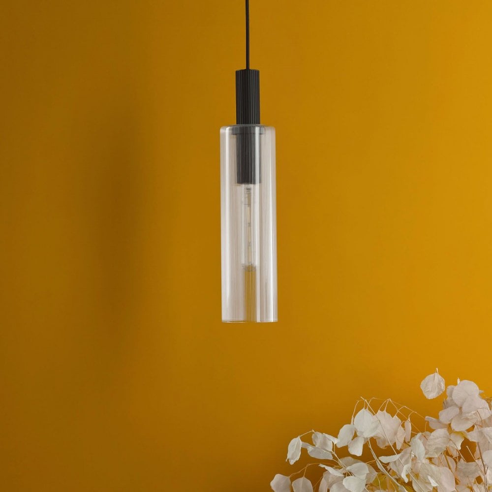 Ruben Satin Black & Ribbed Glass Pendant