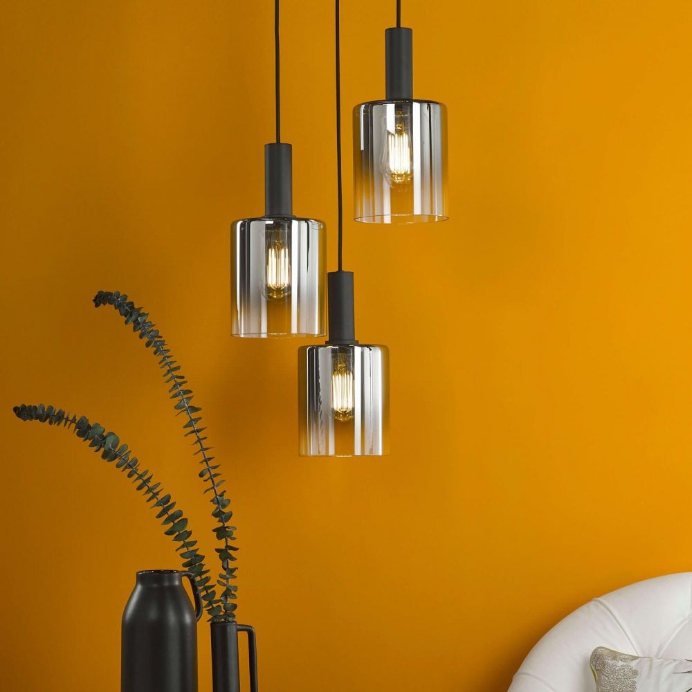 Savannah 3 Light Matt Black & Smoked Glass Cluster Pendant