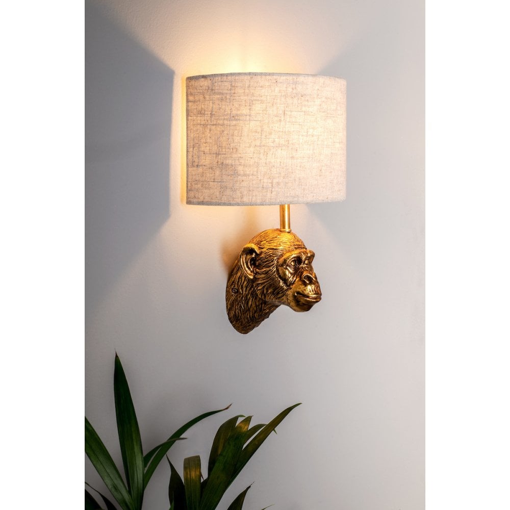 Raul Monkey Wall Light Gold C/W Natural Linen Shade