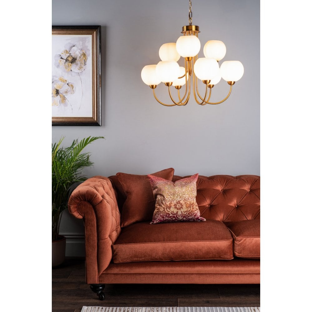 Indra 9 Light Pendant Natural Brass With Opal Glass