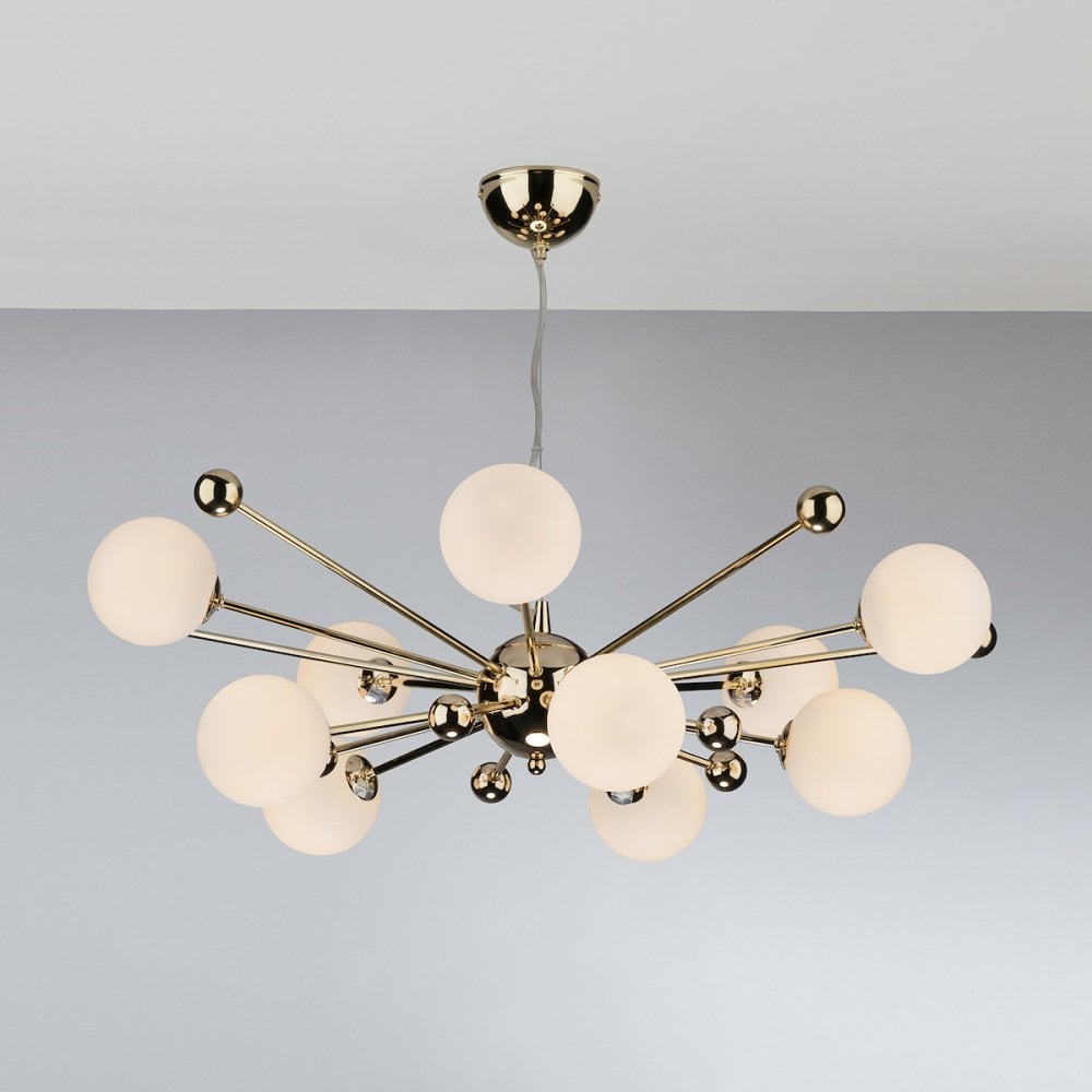 Ursa 10 Light Pendant in Gold with Opal Glass