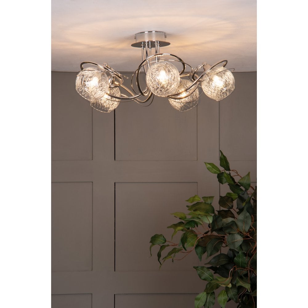 Rehan 5 Light Semi Flush in Polished Chrome & Decorative Glass