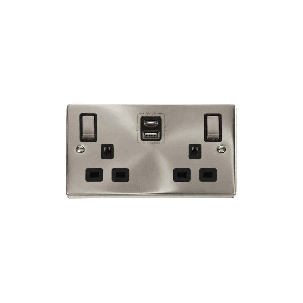 Satin Chrome 2 Gang Socket with Twin Type A & C USB