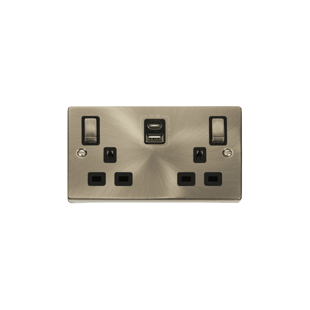Antique Brass 2 Gang Socket with Twin Type A & C USB