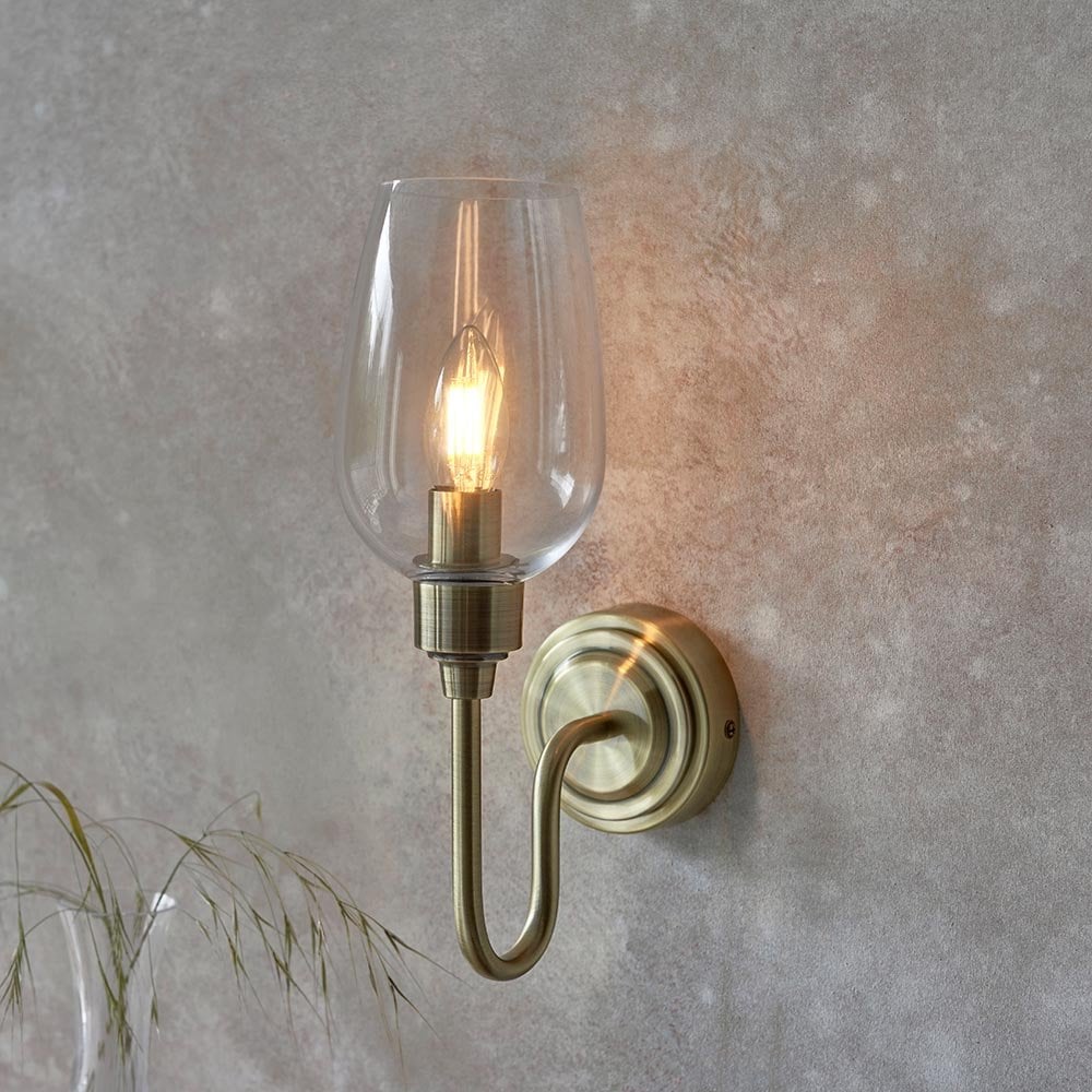 Pure Wall Light in Antique Brass and Clear Glass