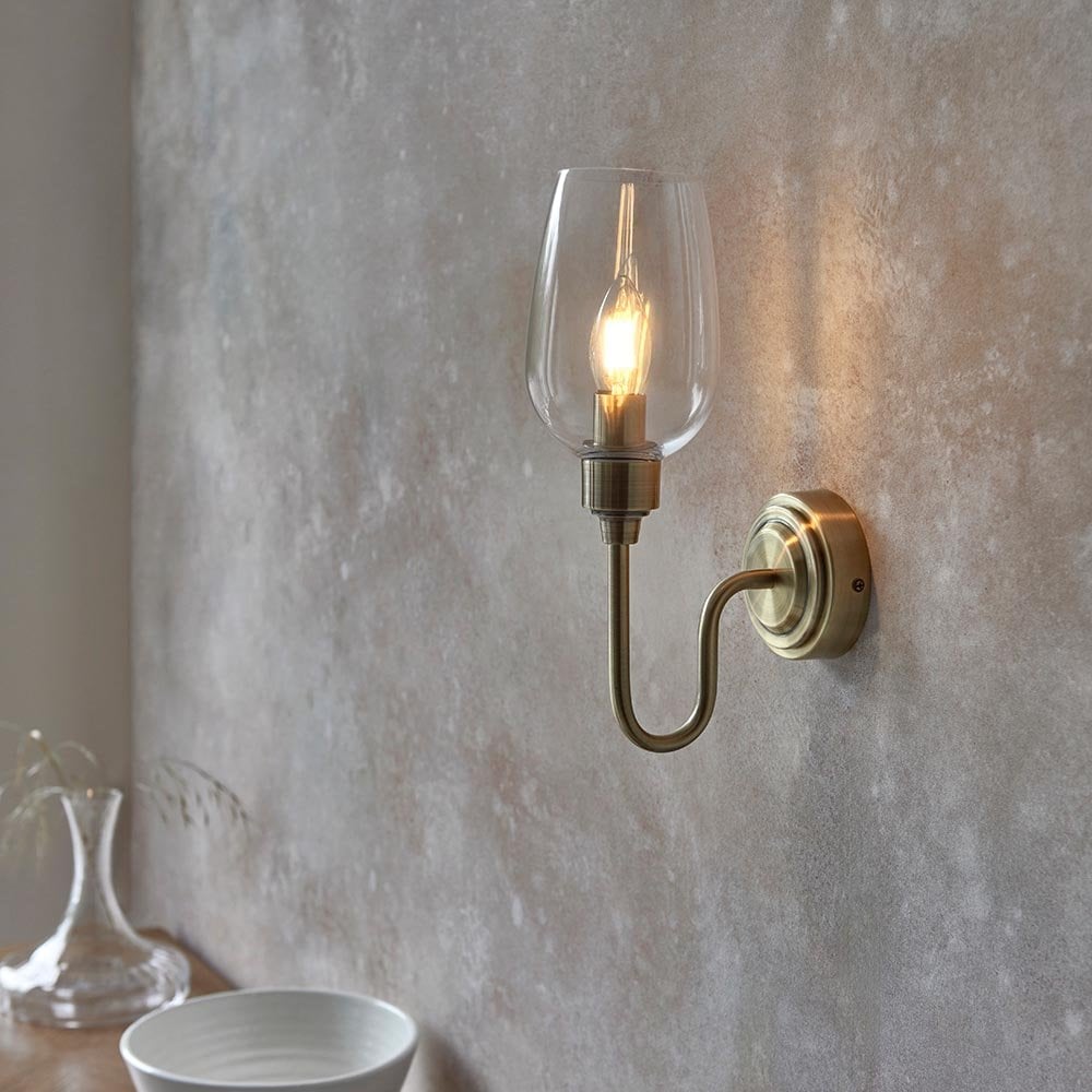 Pure Wall Light in Antique Brass and Clear Glass