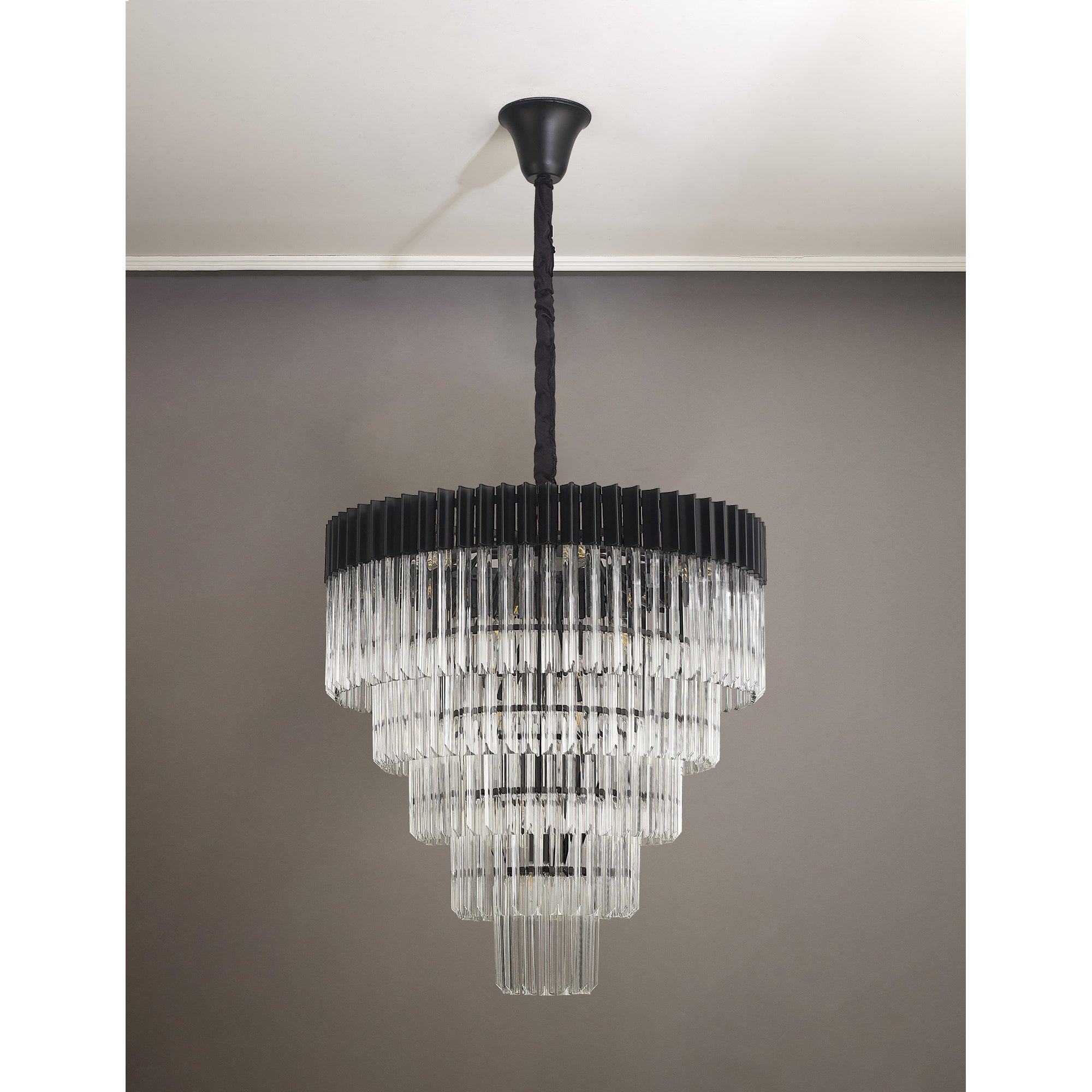 Donard Matt Black 19 Light Tiered Chandelier with Clear Glass