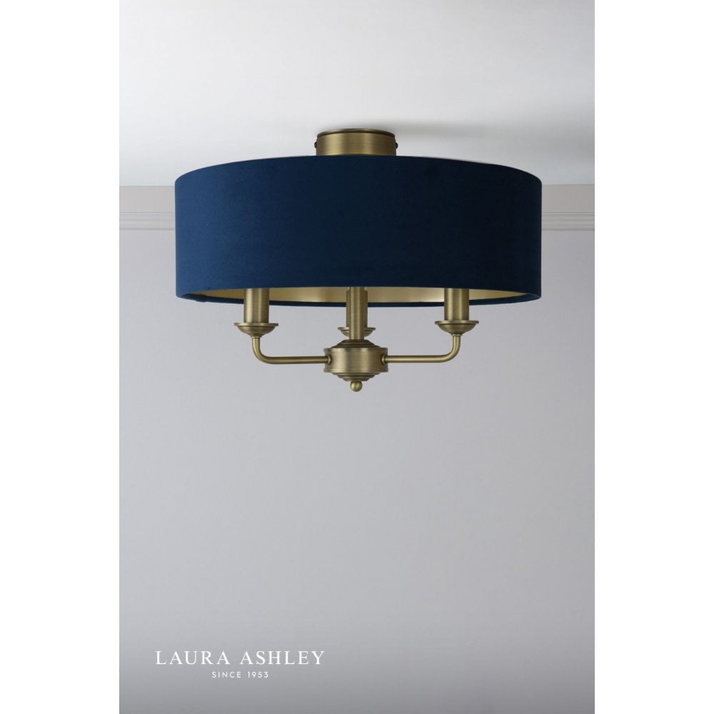 Sorrento Antique Brass Semi Flush Light C/W Blue Shade