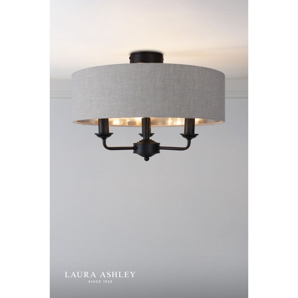 Sorrento Matt Black Semi Flush C/W Natural Shade