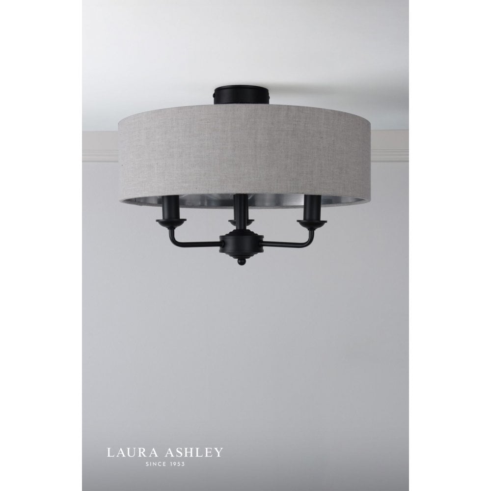 Sorrento Matt Black Semi Flush C/W Natural Shade