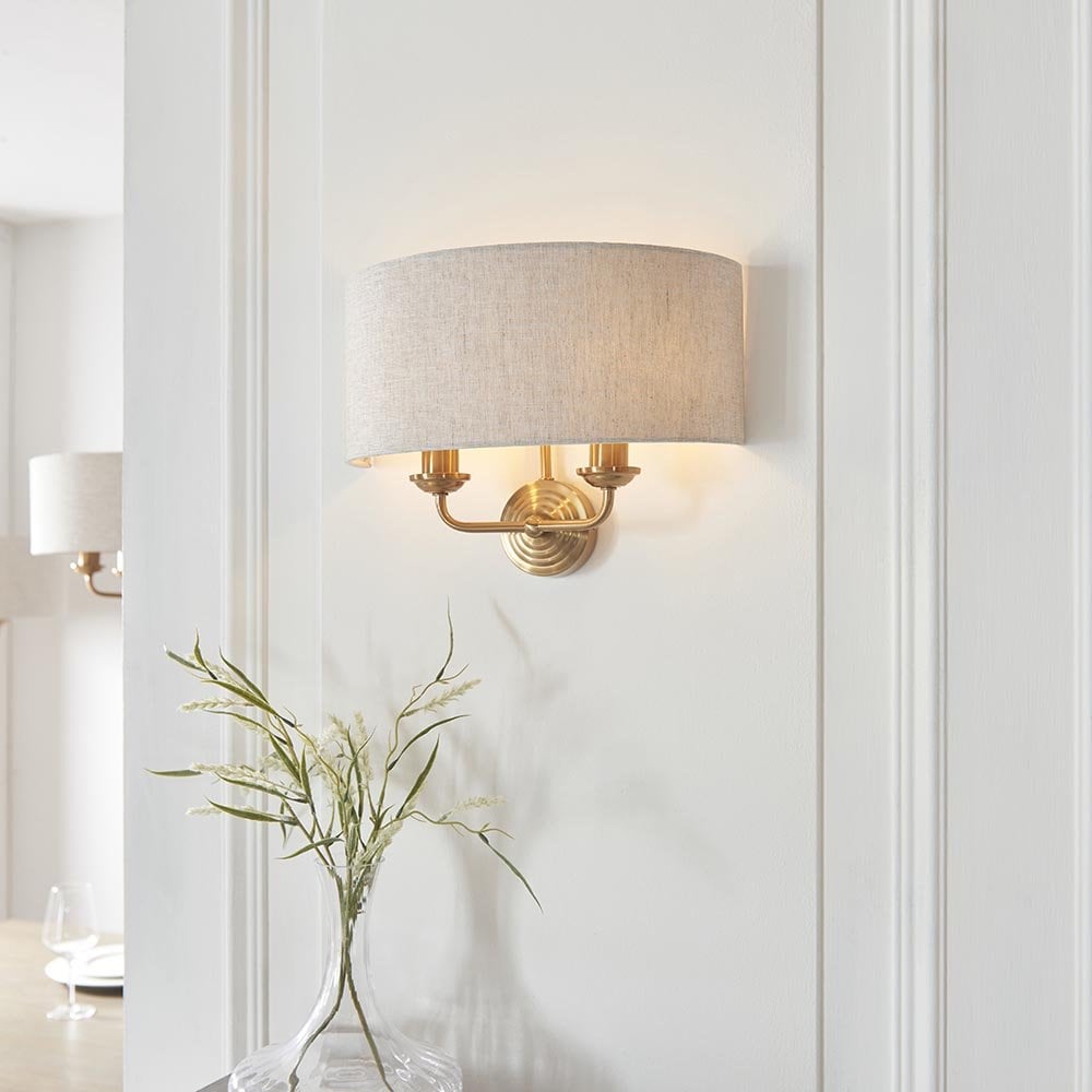 Highclere Double Wall Light in Brass C/W Natural Shade