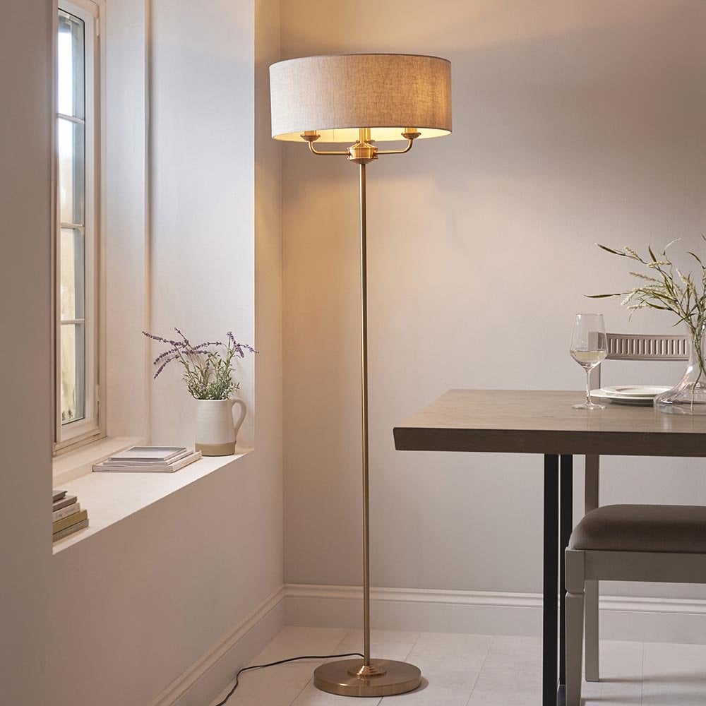 Highclere 3 Light Floor Lamp in Brass C/W Natural Shade