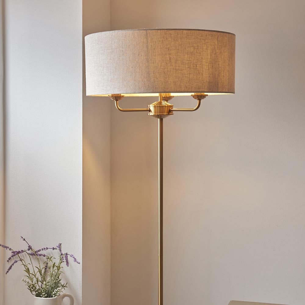 Highclere 3 Light Floor Lamp in Brass C/W Natural Shade