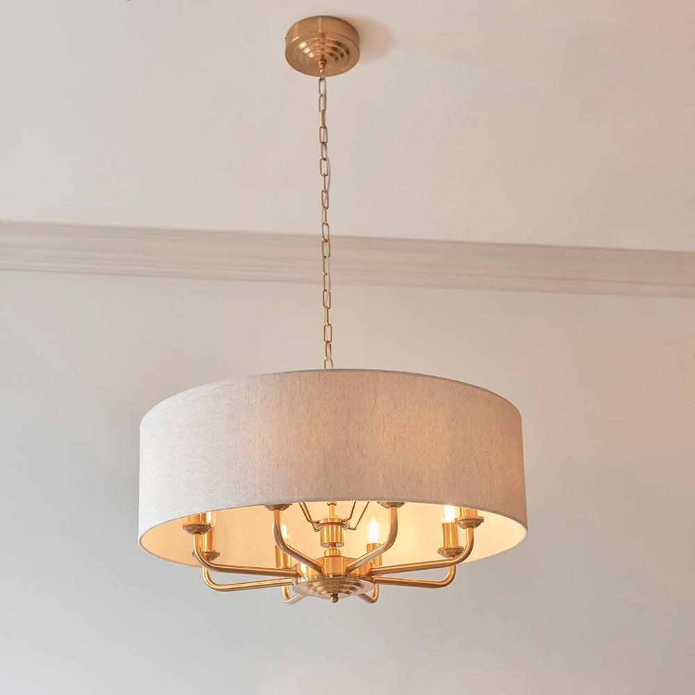 Highclere 8 Light Drum Pendant Brass C/W Natural Shade