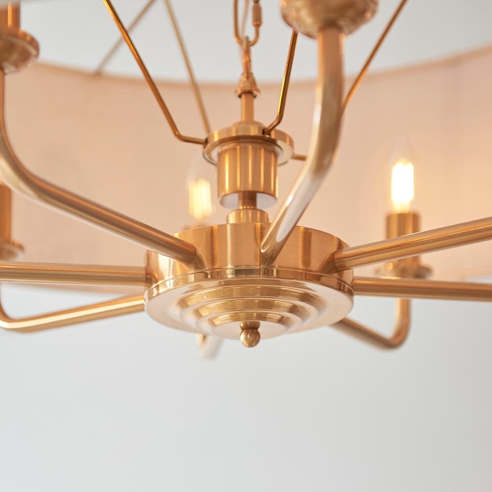 Highclere 8 Light Drum Pendant Brass C/W Natural Shade
