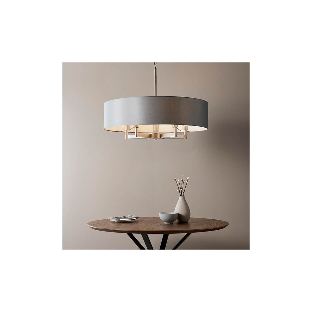 Grande 5 Light Nickel Pendant C/W Grey Drum Shade