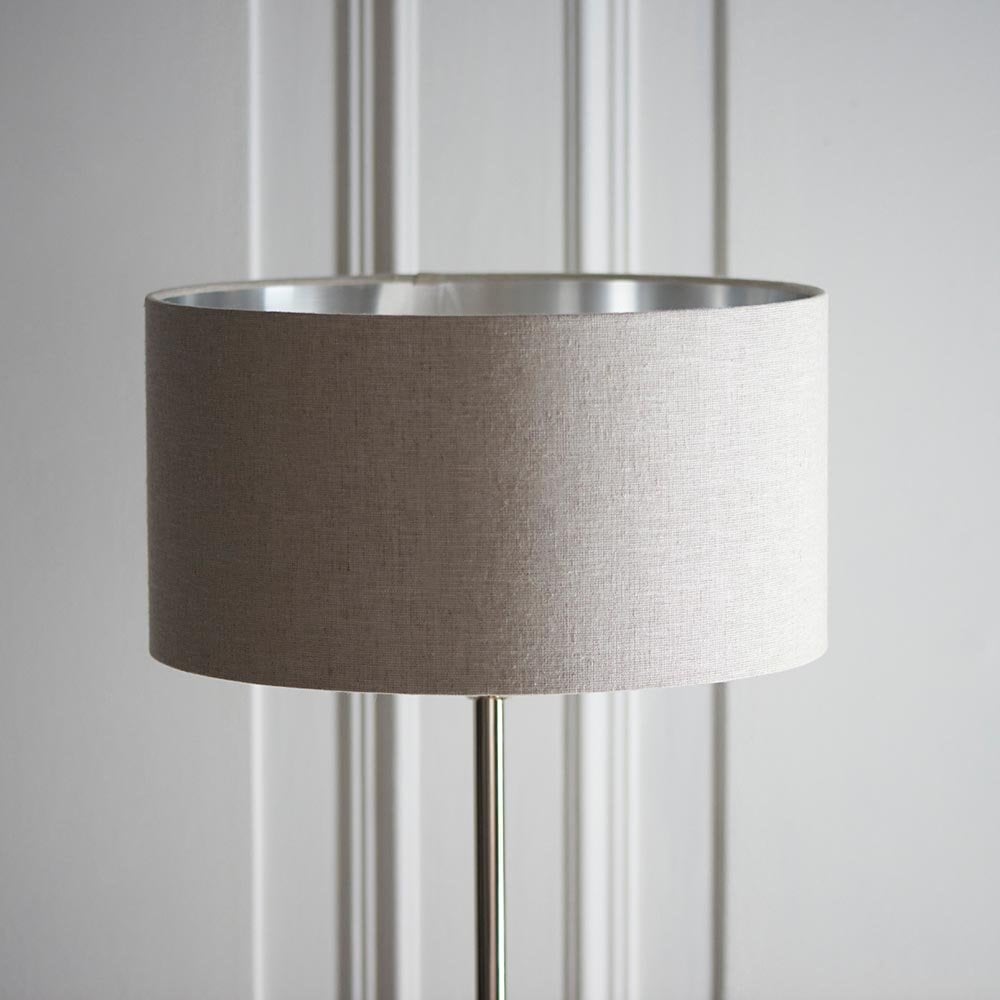 Highclere Single Floor Lamp in Brushed Chrome with Natural Shade