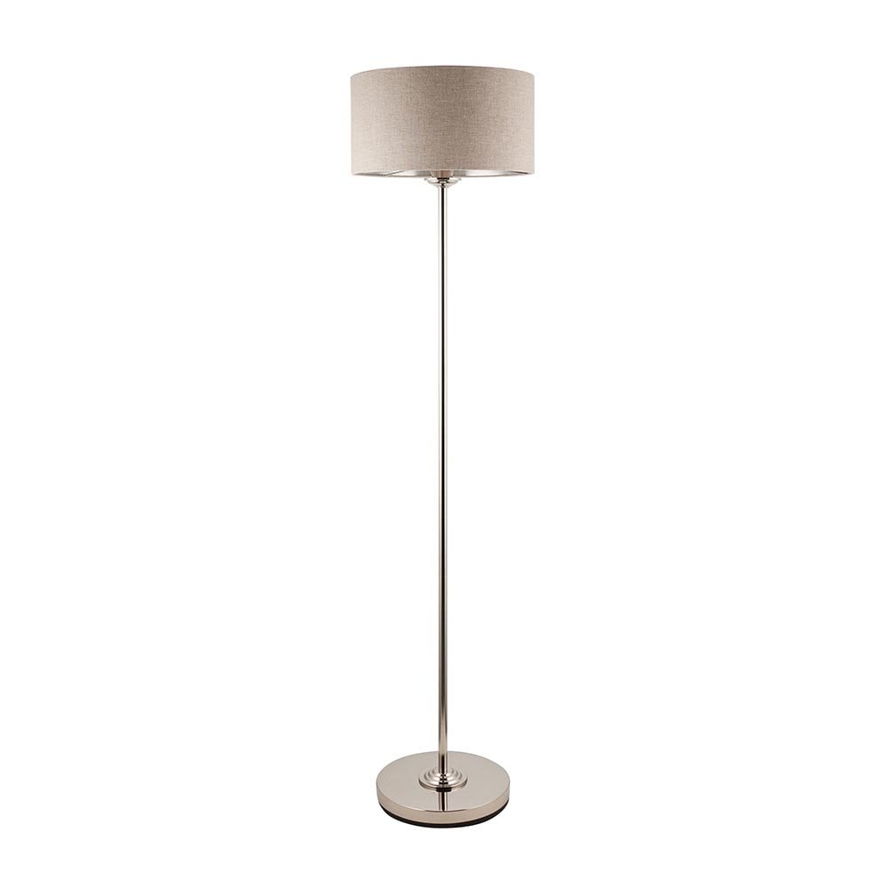 Highclere Single Floor Lamp in Brushed Chrome with Natural Shade