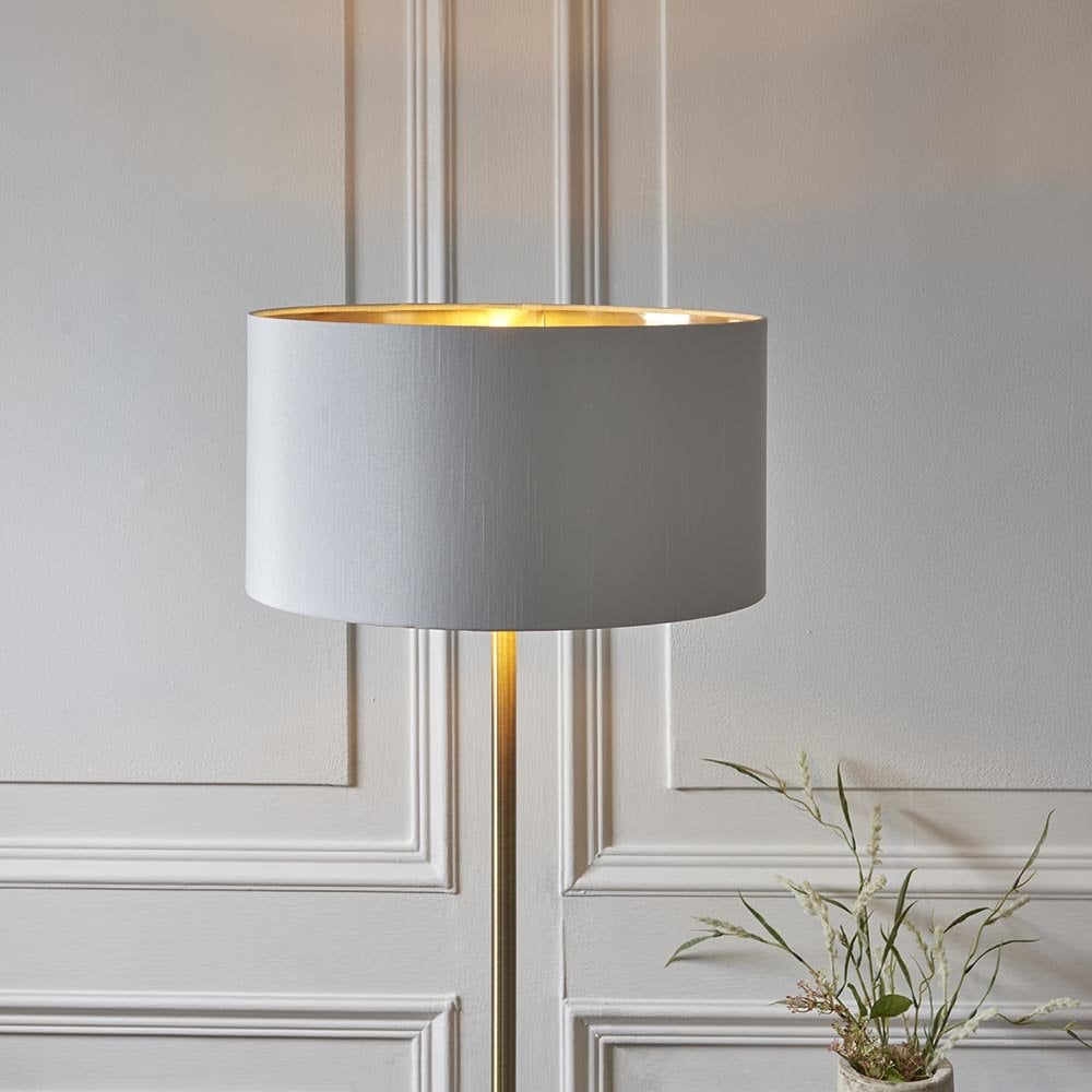 Highclere Single Floor Lamp in Antique Brass C/W White Shade & Gold Inner
