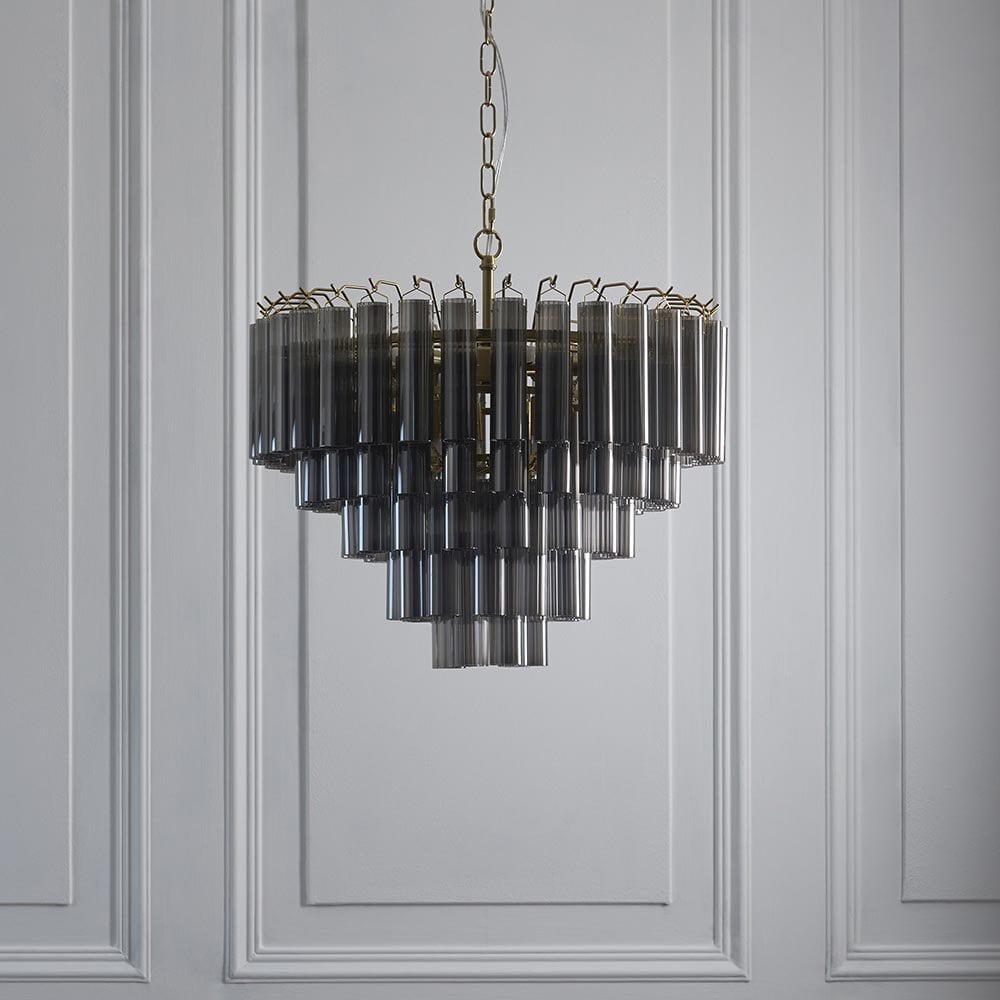 Toulouse 12 Light Satin Brass Frame Smokey Grey Glass