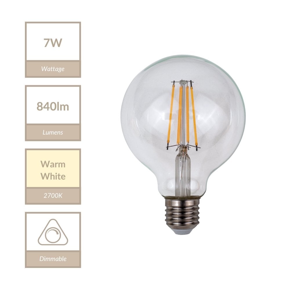7W E27 Dimmable 95mm Clear Globe in Warm White