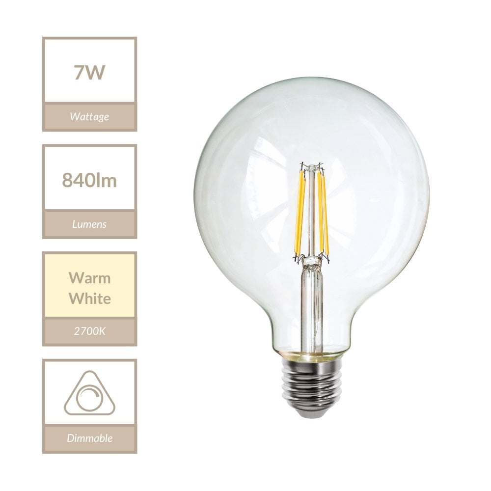 7W E27 Dimmable 125mm Clear Globe in Warm White