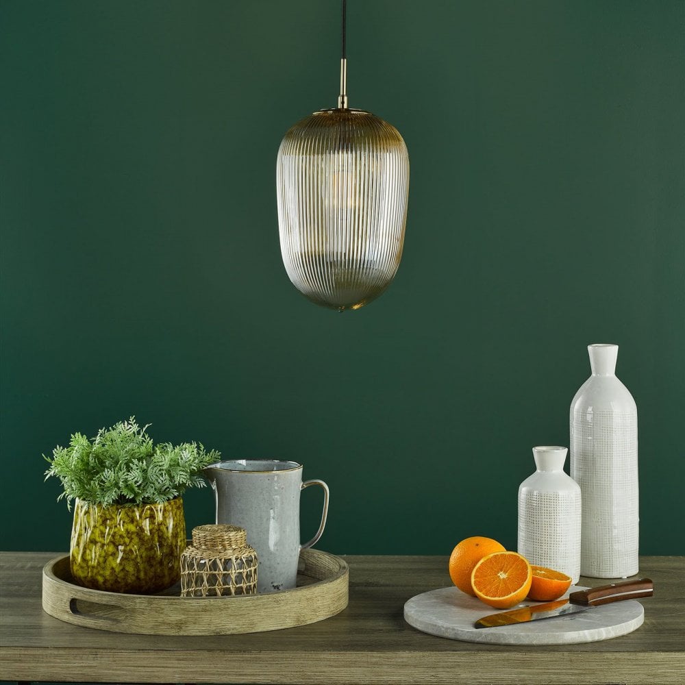 Abrielle Single Pendant in Bronze C/W Amber Ribbed Glass