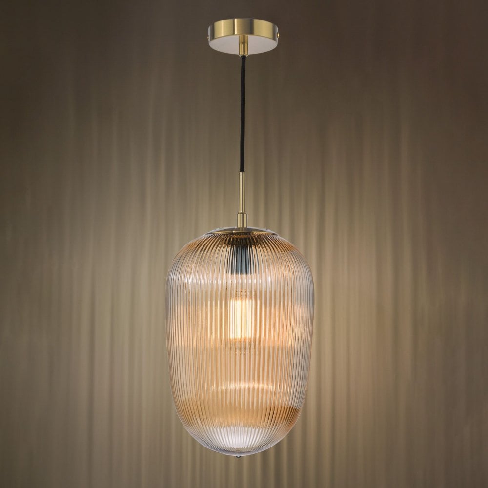 Abrielle Single Pendant in Bronze C/W Amber Ribbed Glass