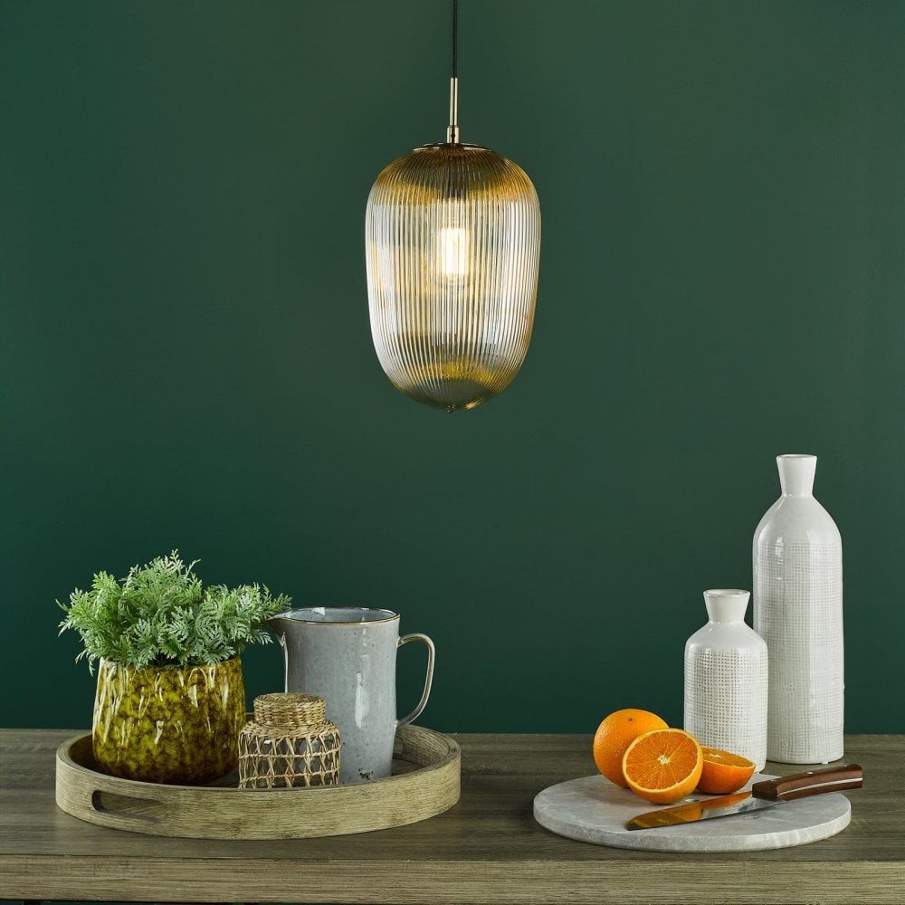 Abrielle Single Pendant in Bronze C/W Amber Ribbed Glass