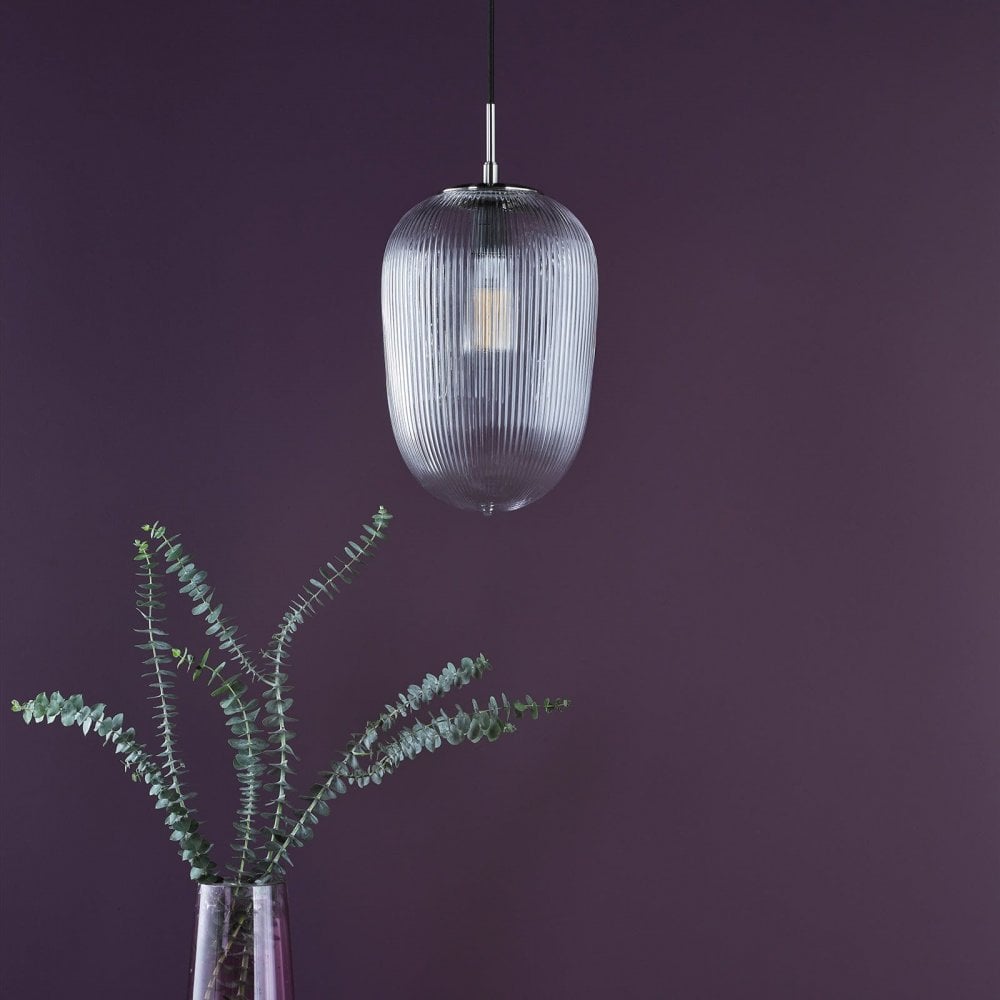 Abrielle Single Pendant in Polished Nickel C/W Clear Ribbed Glass