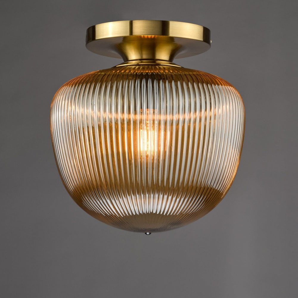 Abrielle Semi Flush Light in Bronze C/W Amber Ribbed Glass