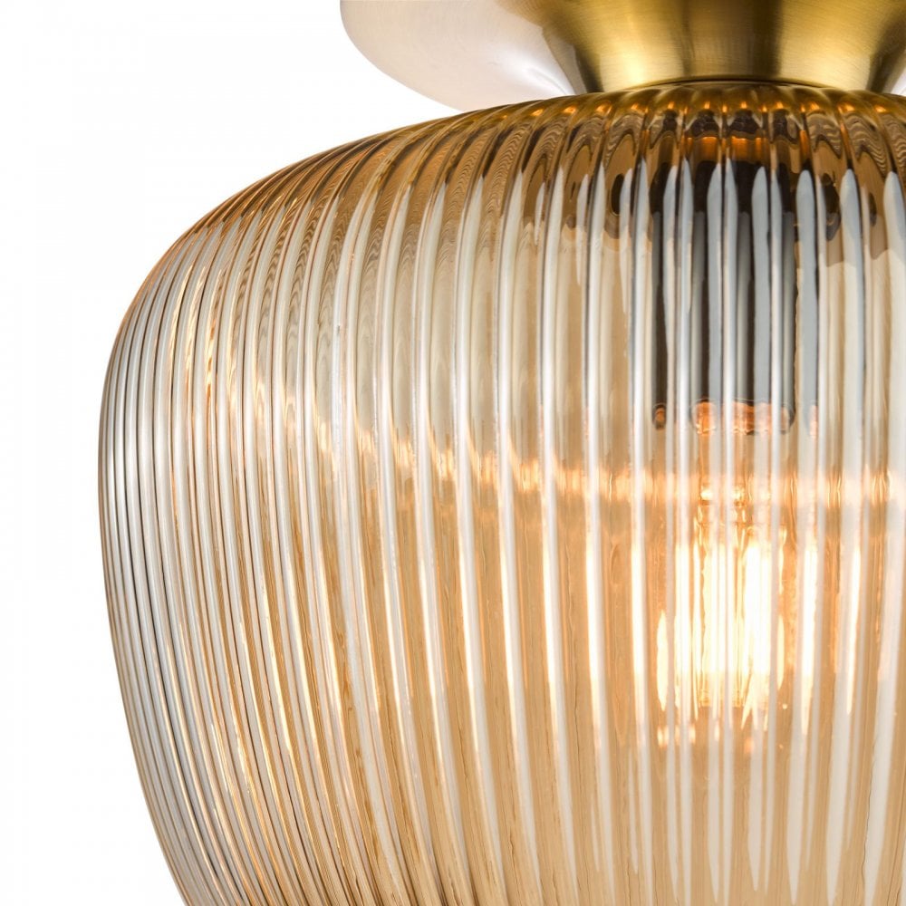 Abrielle Semi Flush Light in Bronze C/W Amber Ribbed Glass