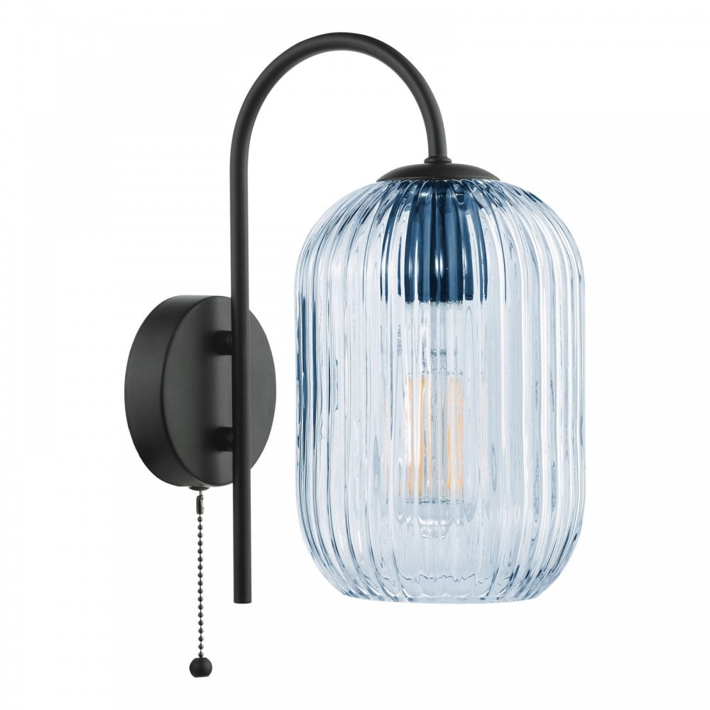 Idra Matt Black Wall Light C/W Blue Glass