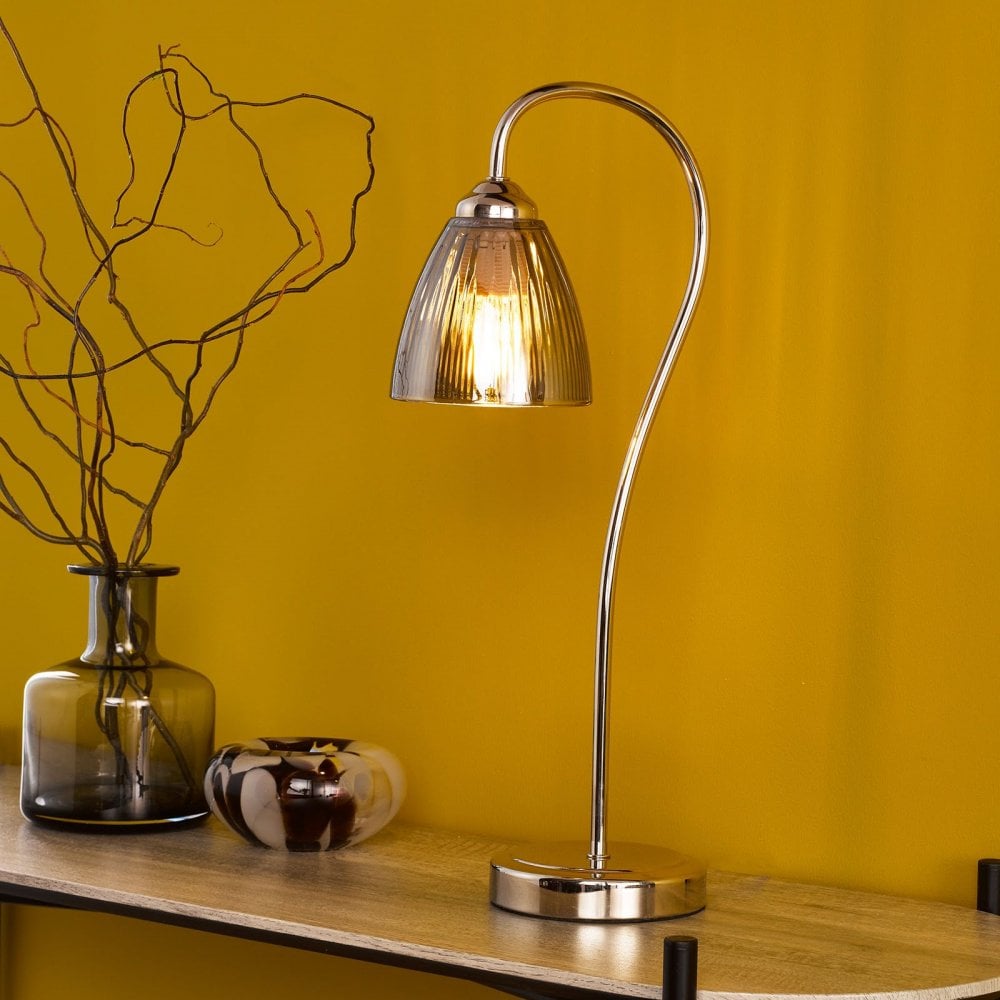 Glynis Polished Nickel Table Lamp with Smoked Ribbed Glass
