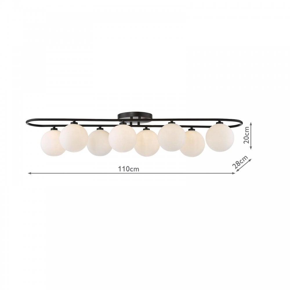 Luana 8 Light Semi Flush Fitting in Matt Black & Opal Glass