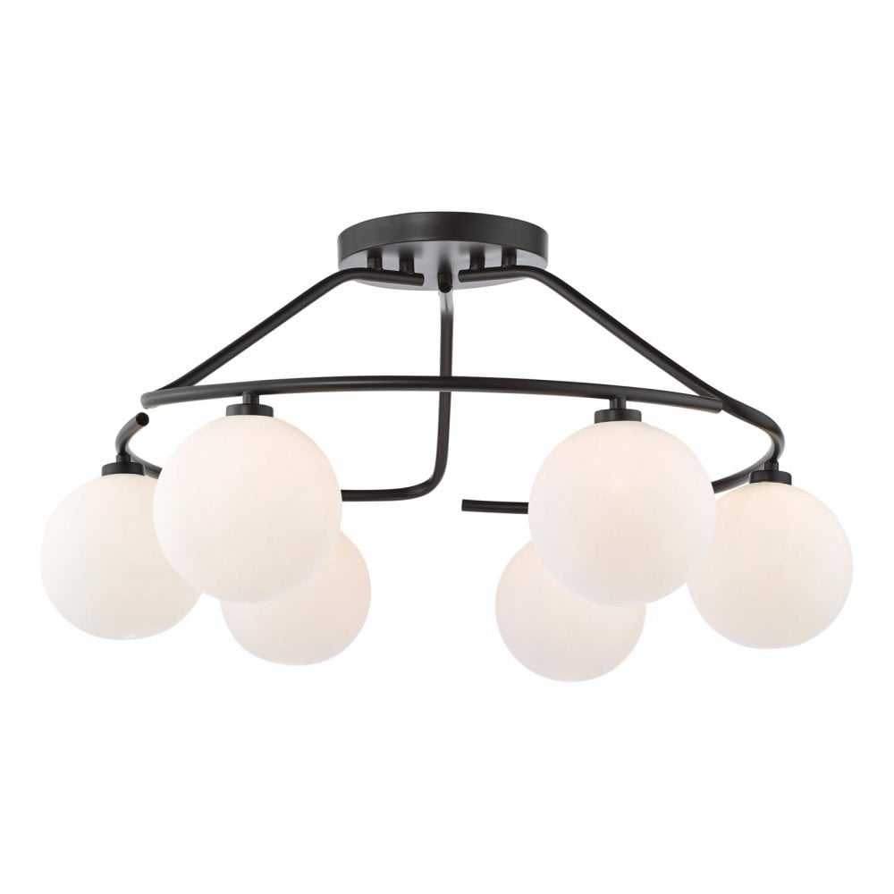 Luana 6 Light Semi Flush Fitting in Matt Black & Opal Glass