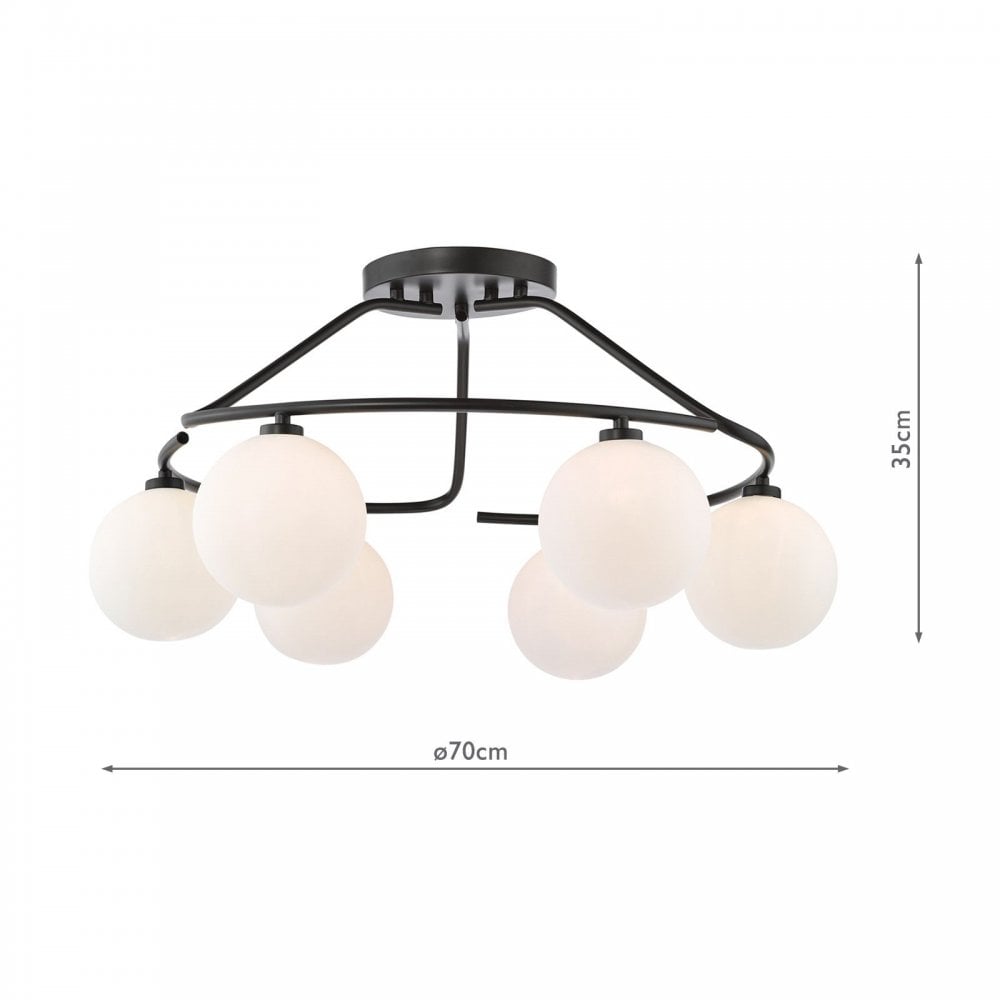 Luana 6 Light Semi Flush Fitting in Matt Black & Opal Glass